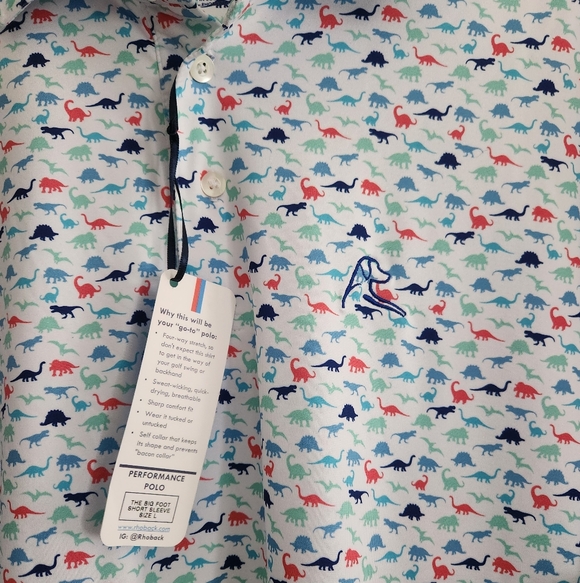 Rhoback Polo Size Large Golf Shirt Dinosaur Print The Big Foot Short Sleeve Mens - Picture 2 of 4
